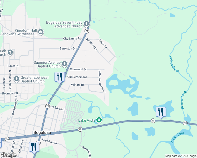map of restaurants, bars, coffee shops, grocery stores, and more near 1513 Military Road in Bogalusa