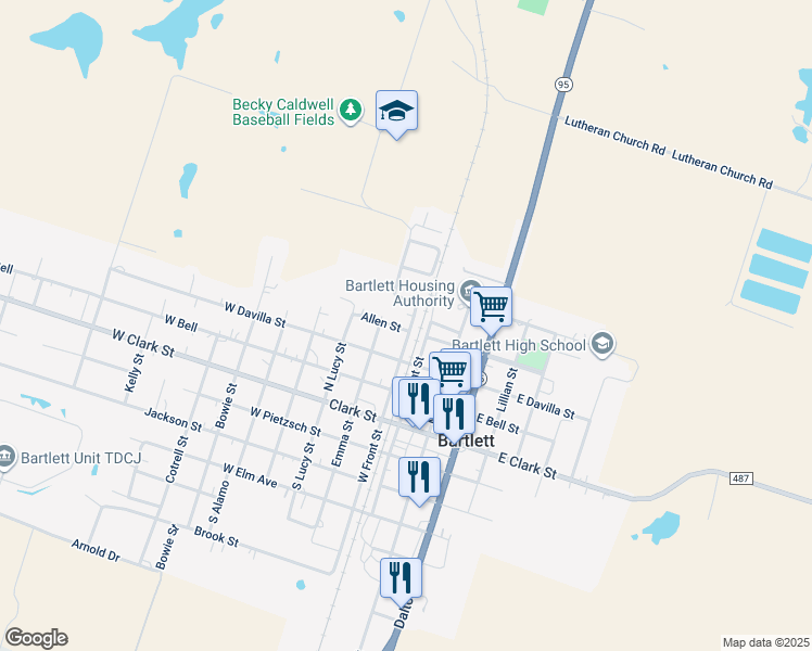 map of restaurants, bars, coffee shops, grocery stores, and more near 403 West Front Street in Bartlett