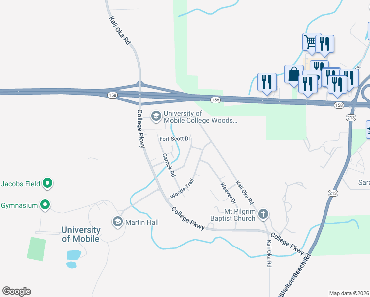 map of restaurants, bars, coffee shops, grocery stores, and more near 1650-3598 Fort Scott Dr in Prichard