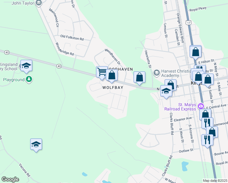 map of restaurants, bars, coffee shops, grocery stores, and more near 500 West King Street in Kingsland