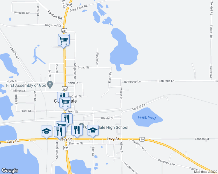 map of restaurants, bars, coffee shops, grocery stores, and more near Chipley Street in Cottondale