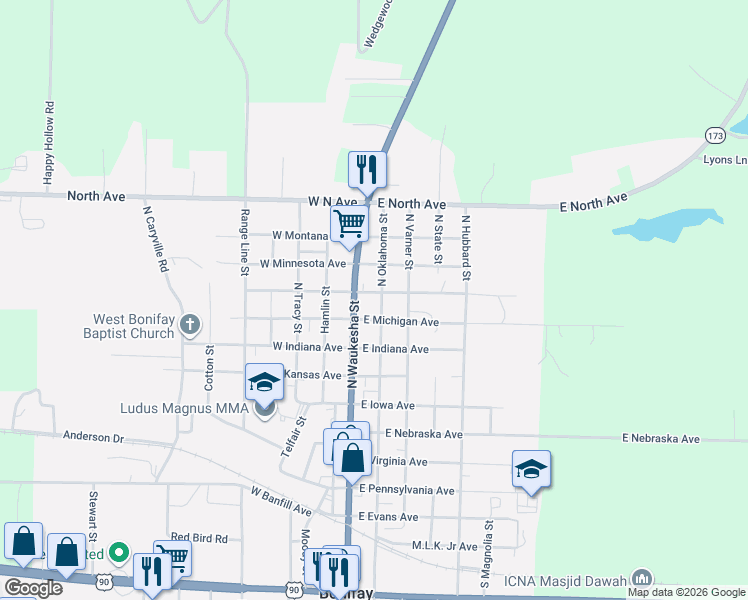 map of restaurants, bars, coffee shops, grocery stores, and more near 111 East Wisconsin Avenue in Bonifay