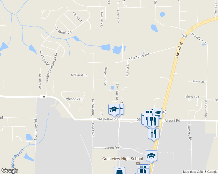 map of restaurants, bars, coffee shops, grocery stores, and more near 119 Dogwood Lane in Crestview