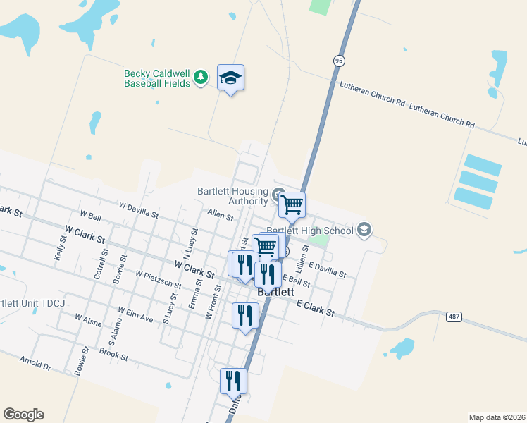 map of restaurants, bars, coffee shops, grocery stores, and more near in Bartlett