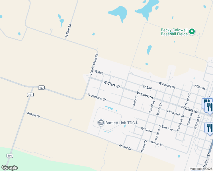 map of restaurants, bars, coffee shops, grocery stores, and more near 1305 West Clark Street in Bartlett