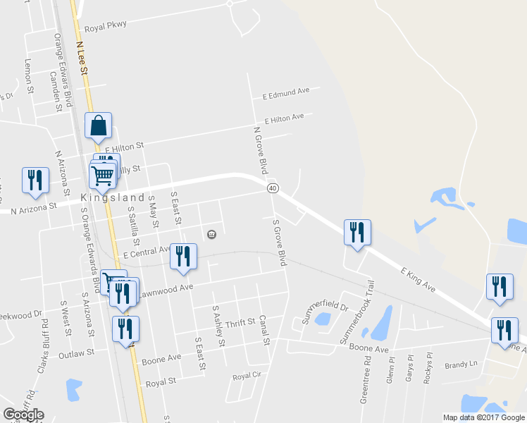 map of restaurants, bars, coffee shops, grocery stores, and more near 102 South Grove Boulevard in Kingsland