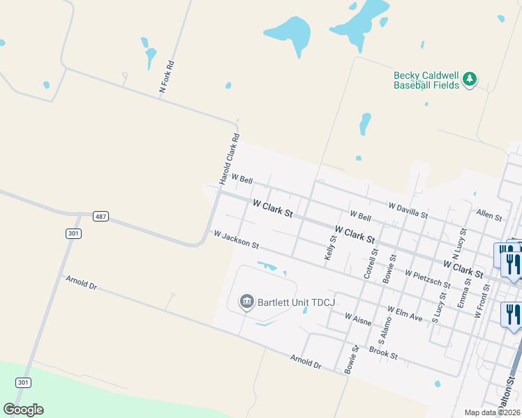 map of restaurants, bars, coffee shops, grocery stores, and more near 1305 West Clark Street in Bartlett