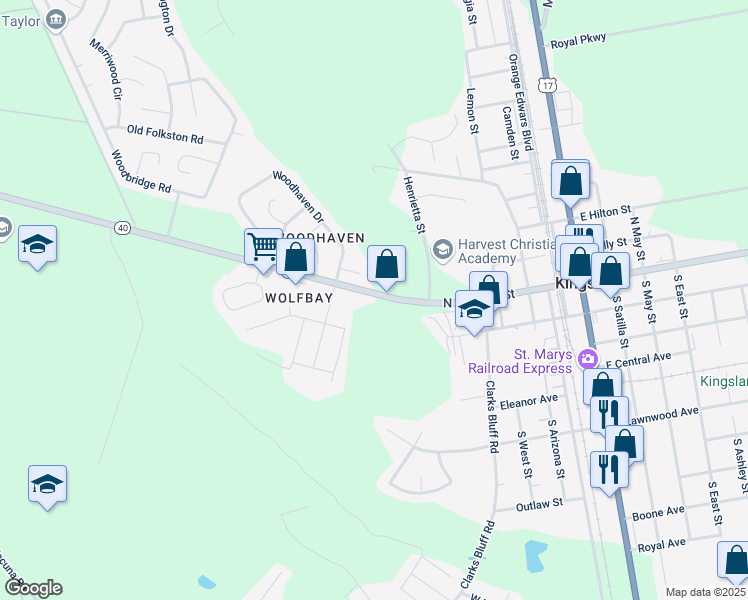 map of restaurants, bars, coffee shops, grocery stores, and more near 486 West King Street in Kingsland
