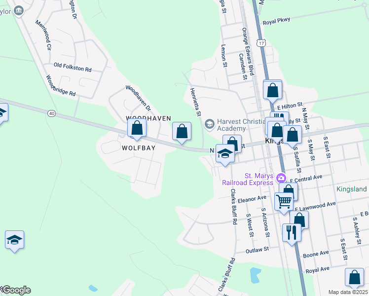 map of restaurants, bars, coffee shops, grocery stores, and more near 486 West King Street in Kingsland