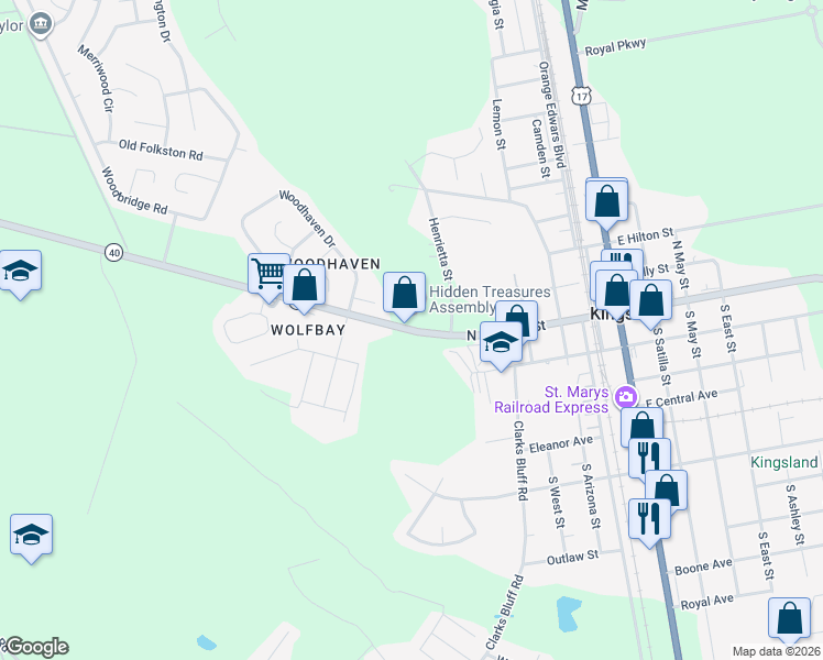 map of restaurants, bars, coffee shops, grocery stores, and more near 486 West King Street in Kingsland