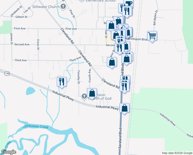 map of restaurants, bars, coffee shops, grocery stores, and more near 1008 Fourth Avenue in Saraland