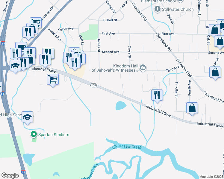 map of restaurants, bars, coffee shops, grocery stores, and more near 654 Industrial Parkway in Saraland