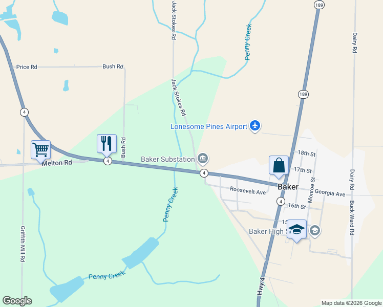 map of restaurants, bars, coffee shops, grocery stores, and more near 5810 Jack Stokes Road in Baker