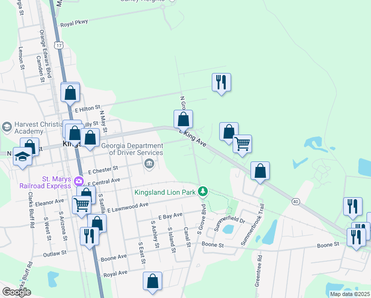 map of restaurants, bars, coffee shops, grocery stores, and more near 102 South Grove Boulevard in Kingsland