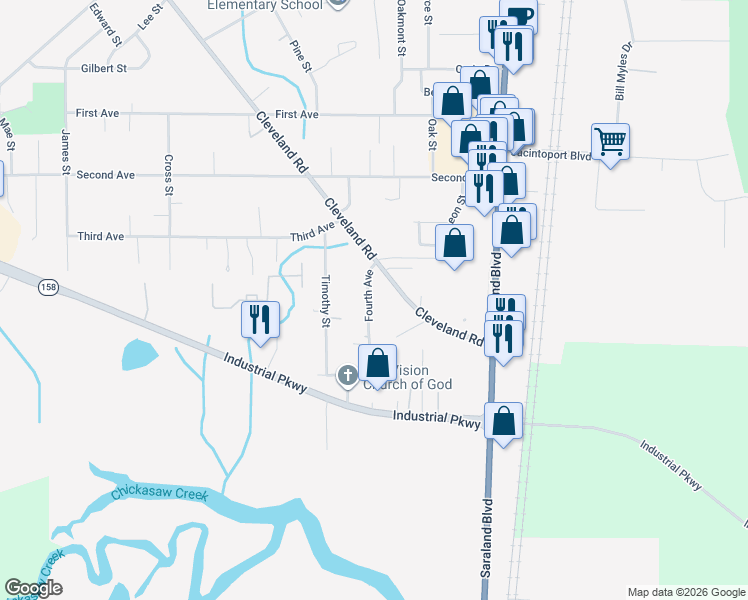 map of restaurants, bars, coffee shops, grocery stores, and more near 1008 Fourth Avenue in Saraland