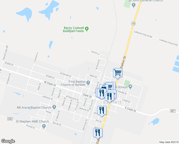 map of restaurants, bars, coffee shops, grocery stores, and more near 214 Allen Street in Bartlett