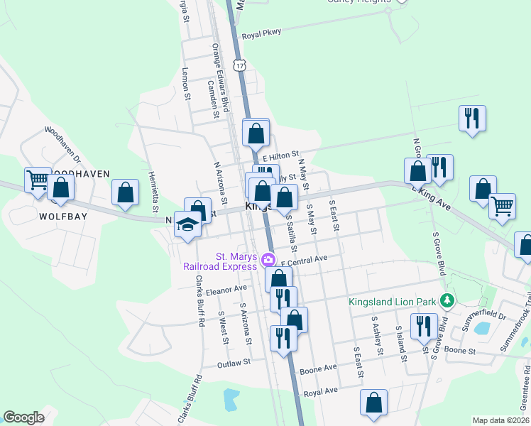 map of restaurants, bars, coffee shops, grocery stores, and more near 107 South Lee Street in Kingsland