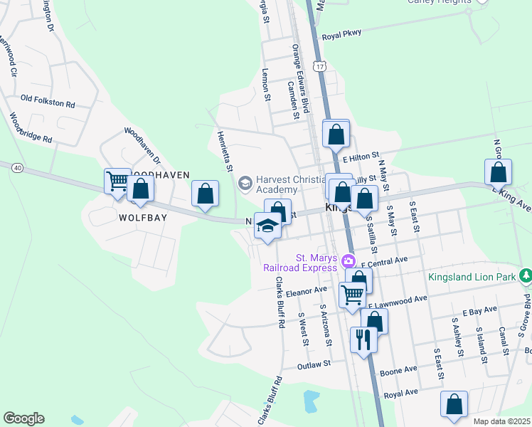 map of restaurants, bars, coffee shops, grocery stores, and more near 411 West King Street in Kingsland