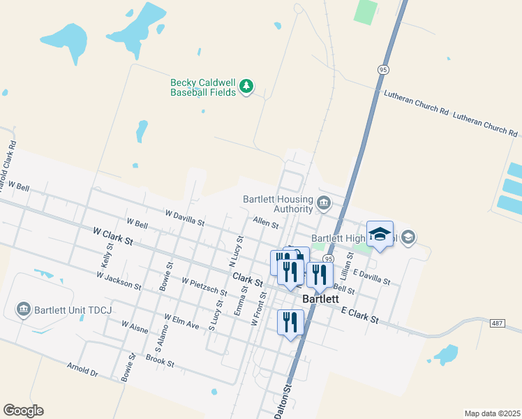map of restaurants, bars, coffee shops, grocery stores, and more near 214 Allen Street in Bartlett
