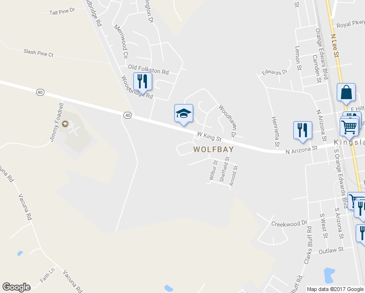 map of restaurants, bars, coffee shops, grocery stores, and more near 107 Wolf Bay Circle in Kingsland