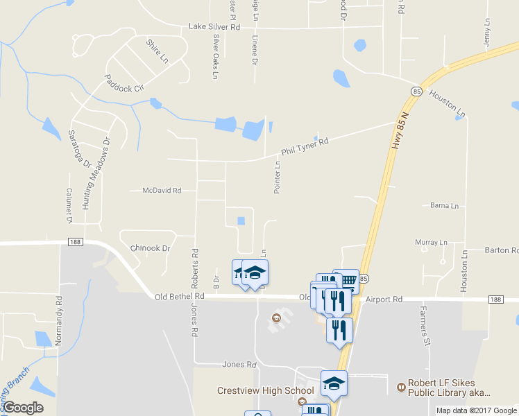 map of restaurants, bars, coffee shops, grocery stores, and more near 123 Twin Oak Drive in Crestview