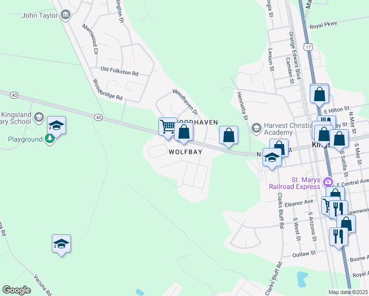 map of restaurants, bars, coffee shops, grocery stores, and more near 500 West King Street in Kingsland