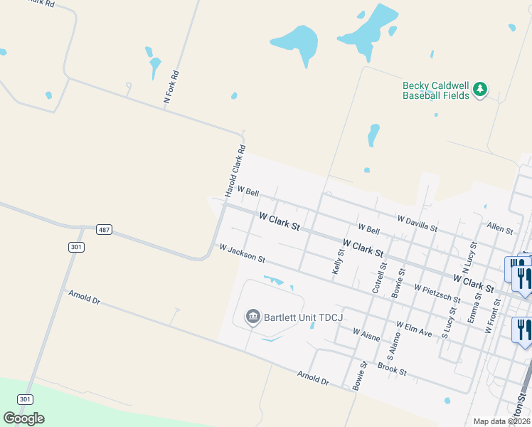 map of restaurants, bars, coffee shops, grocery stores, and more near 1305 Clark Street in Bartlett