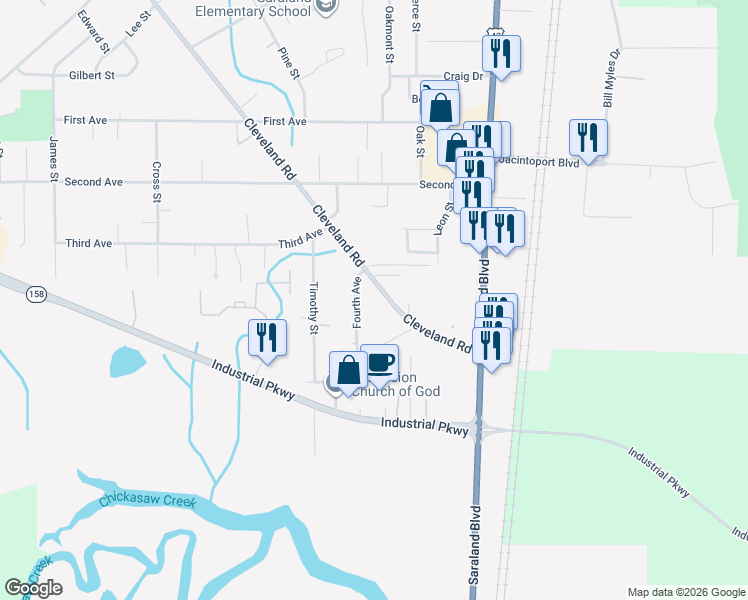 map of restaurants, bars, coffee shops, grocery stores, and more near 1008 Fourth Avenue in Saraland