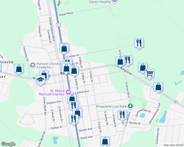map of restaurants, bars, coffee shops, grocery stores, and more near 123 South East Street in Kingsland