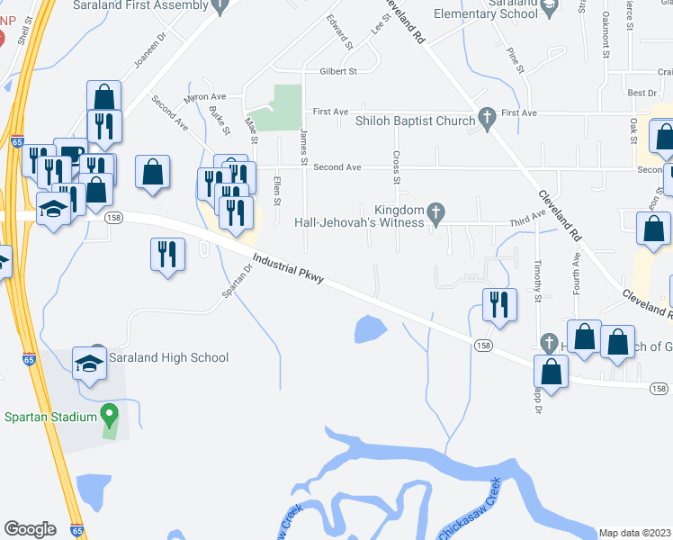 map of restaurants, bars, coffee shops, grocery stores, and more near 710 Industrial Parkway in Saraland