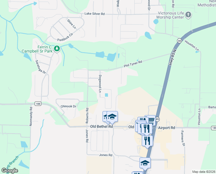 map of restaurants, bars, coffee shops, grocery stores, and more near 123 Twin Oak Drive in Crestview