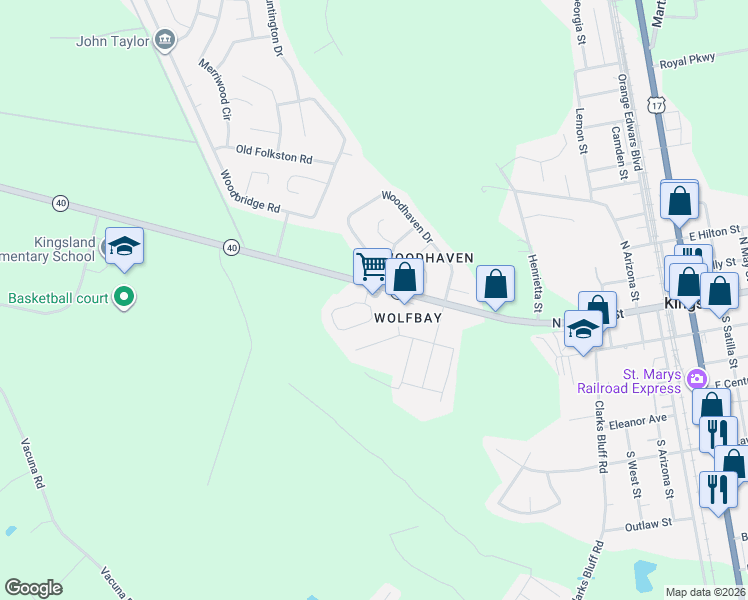 map of restaurants, bars, coffee shops, grocery stores, and more near 495 West King Avenue in Kingsland
