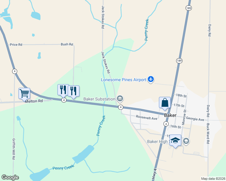 map of restaurants, bars, coffee shops, grocery stores, and more near 5810 Jack Stokes Road in Baker
