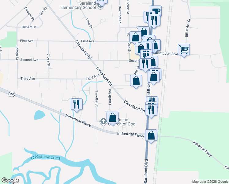 map of restaurants, bars, coffee shops, grocery stores, and more near 920 Cleveland Road in Saraland