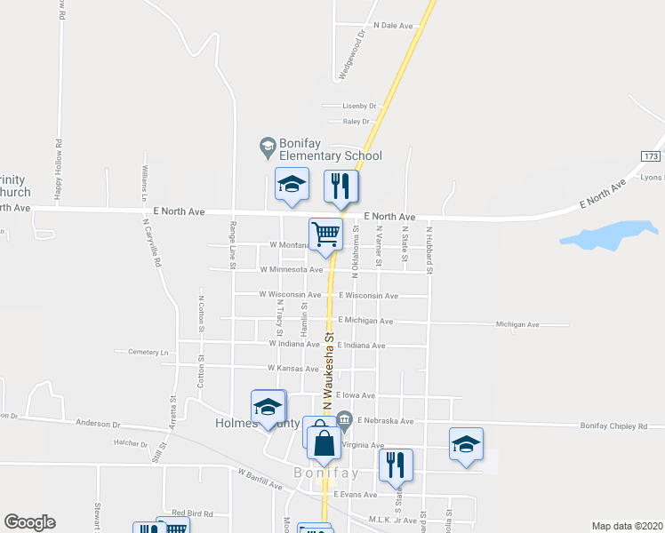 map of restaurants, bars, coffee shops, grocery stores, and more near 902 North Waukesha Street in Bonifay