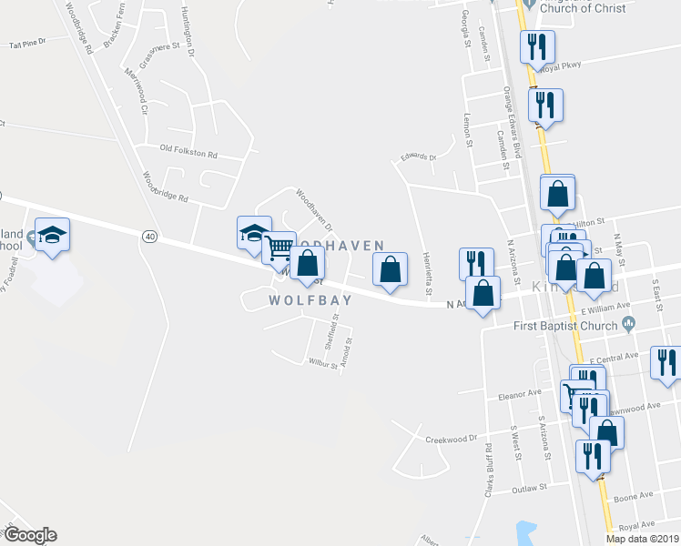 map of restaurants, bars, coffee shops, grocery stores, and more near 105 Wood Haven Drive in Kingsland