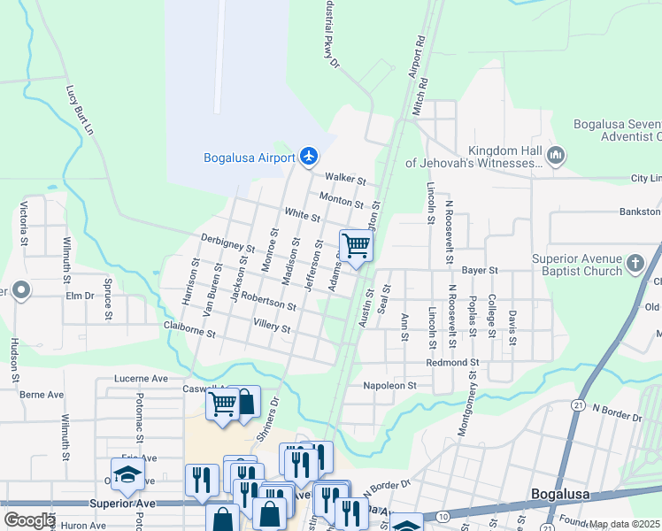 map of restaurants, bars, coffee shops, grocery stores, and more near 1507 Jefferson Street in Bogalusa