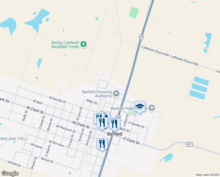 map of restaurants, bars, coffee shops, grocery stores, and more near 522 NorthWest Front Street in Bartlett