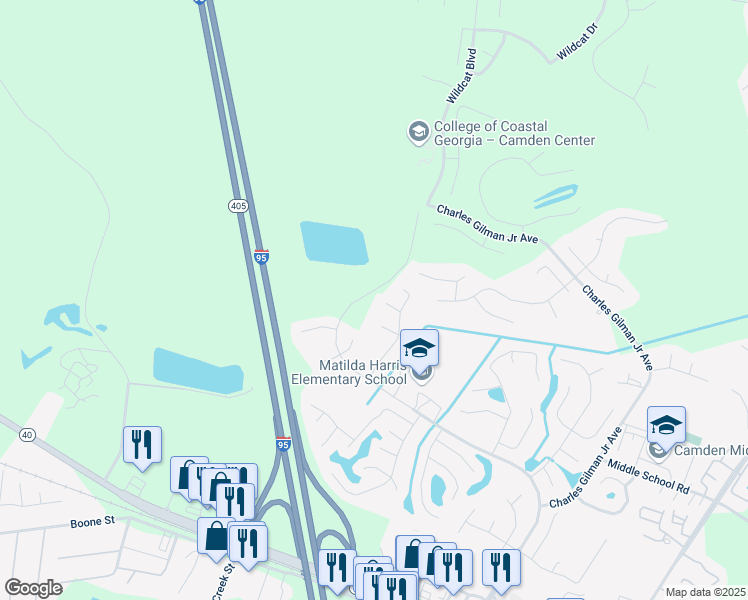 map of restaurants, bars, coffee shops, grocery stores, and more near 141 Lake Ashley Drive in Kingsland