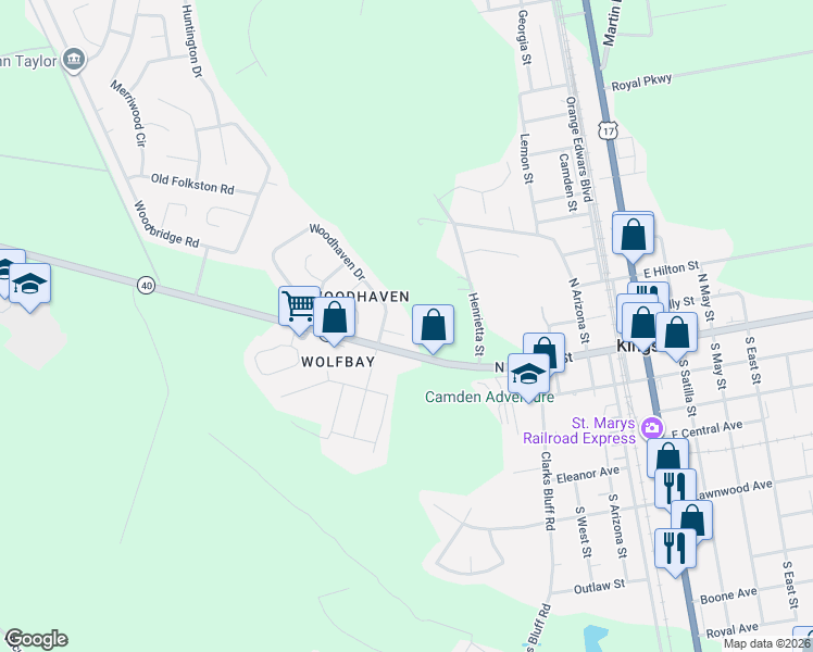 map of restaurants, bars, coffee shops, grocery stores, and more near 108 West Palm Court in Kingsland