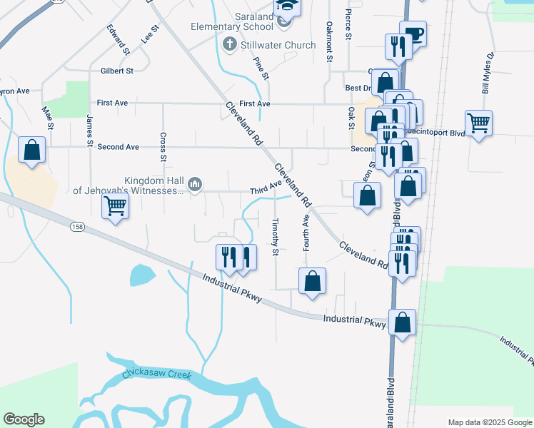 map of restaurants, bars, coffee shops, grocery stores, and more near 919 Timothy Street in Saraland