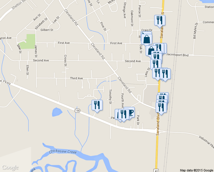map of restaurants, bars, coffee shops, grocery stores, and more near 919 Timothy Street in Saraland