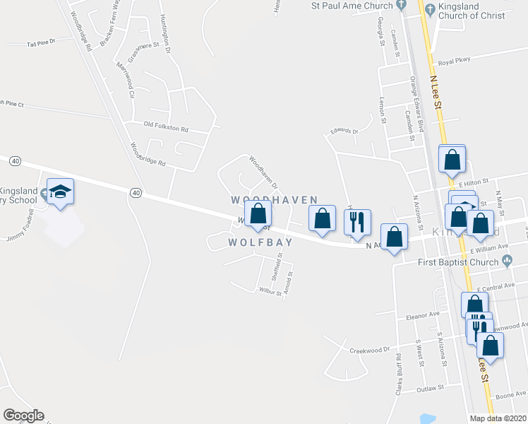 map of restaurants, bars, coffee shops, grocery stores, and more near 108 Woodhaven Court in Kingsland