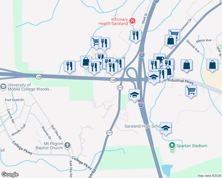 map of restaurants, bars, coffee shops, grocery stores, and more near Shelton Beach Road in Saraland