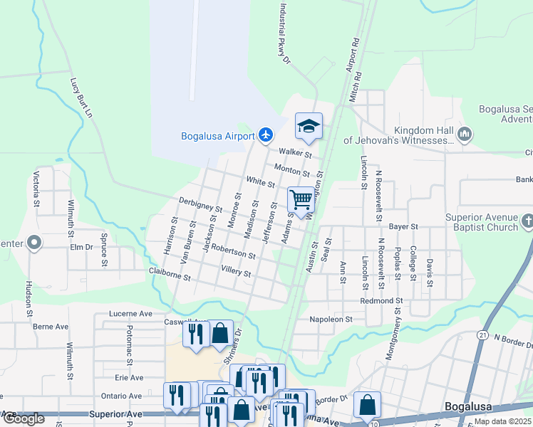 map of restaurants, bars, coffee shops, grocery stores, and more near 1507 Jefferson Street in Bogalusa