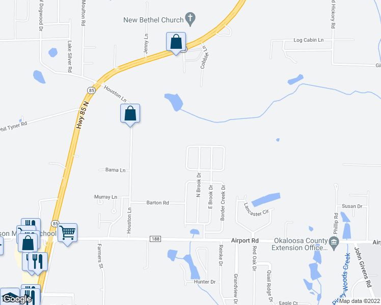 map of restaurants, bars, coffee shops, grocery stores, and more near 3043 Crown Creek Circle in Crestview