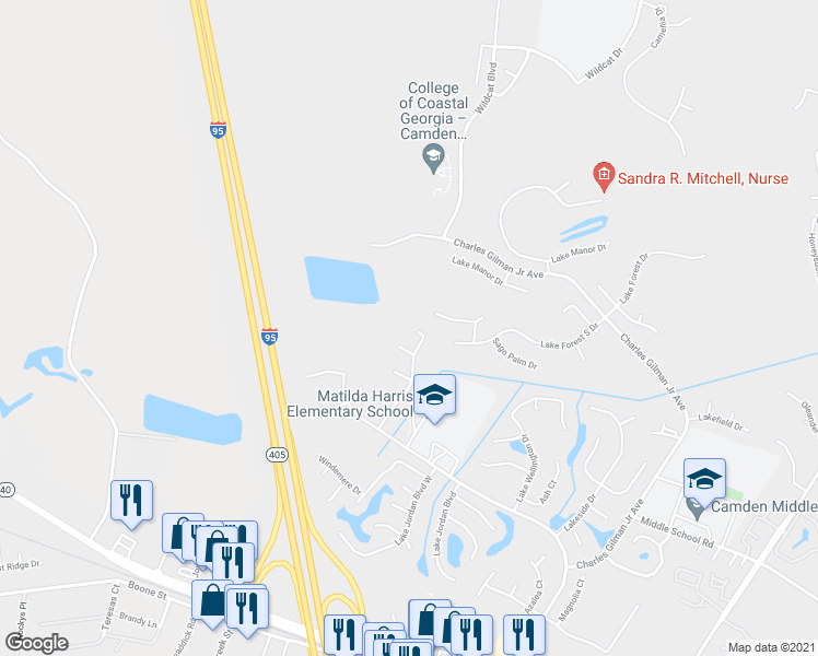 map of restaurants, bars, coffee shops, grocery stores, and more near 141 Lake Ashley Drive in Kingsland