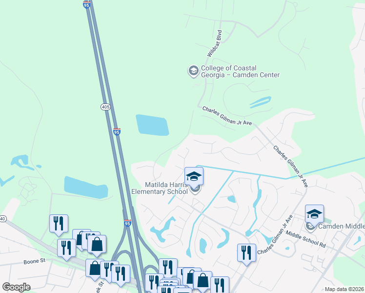 map of restaurants, bars, coffee shops, grocery stores, and more near 141 Lake Ashley Drive in Kingsland
