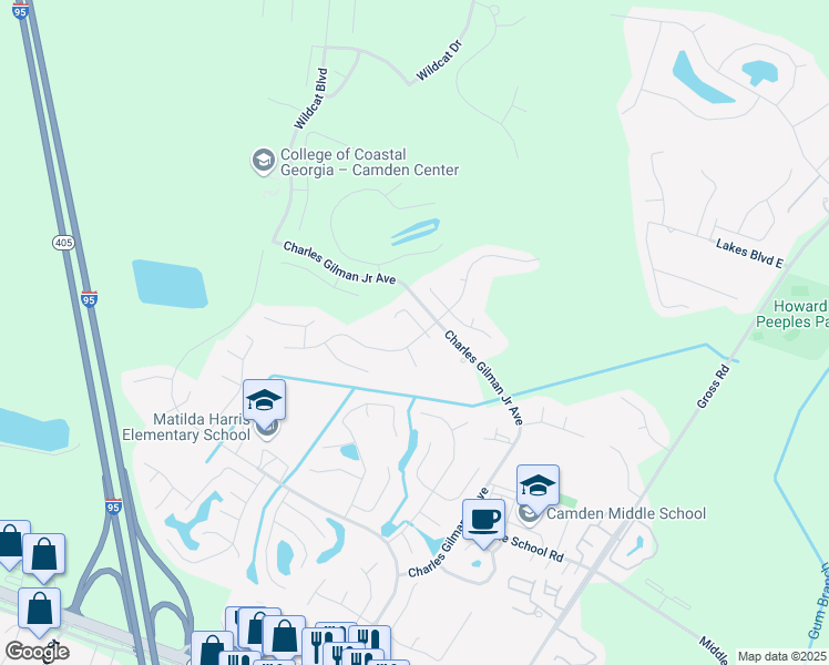 map of restaurants, bars, coffee shops, grocery stores, and more near 101 Lake Forest South Court in Kingsland
