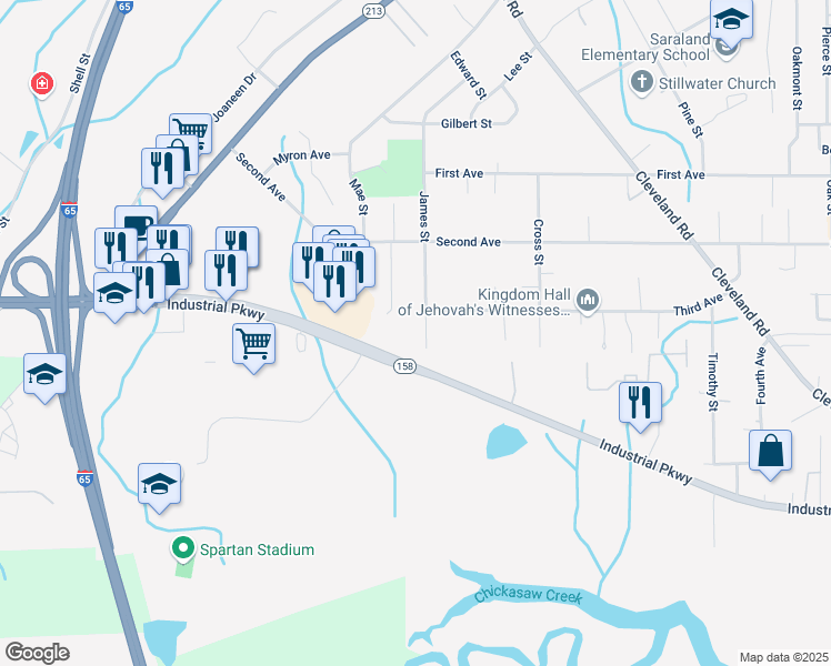 map of restaurants, bars, coffee shops, grocery stores, and more near 919 James Street in Saraland